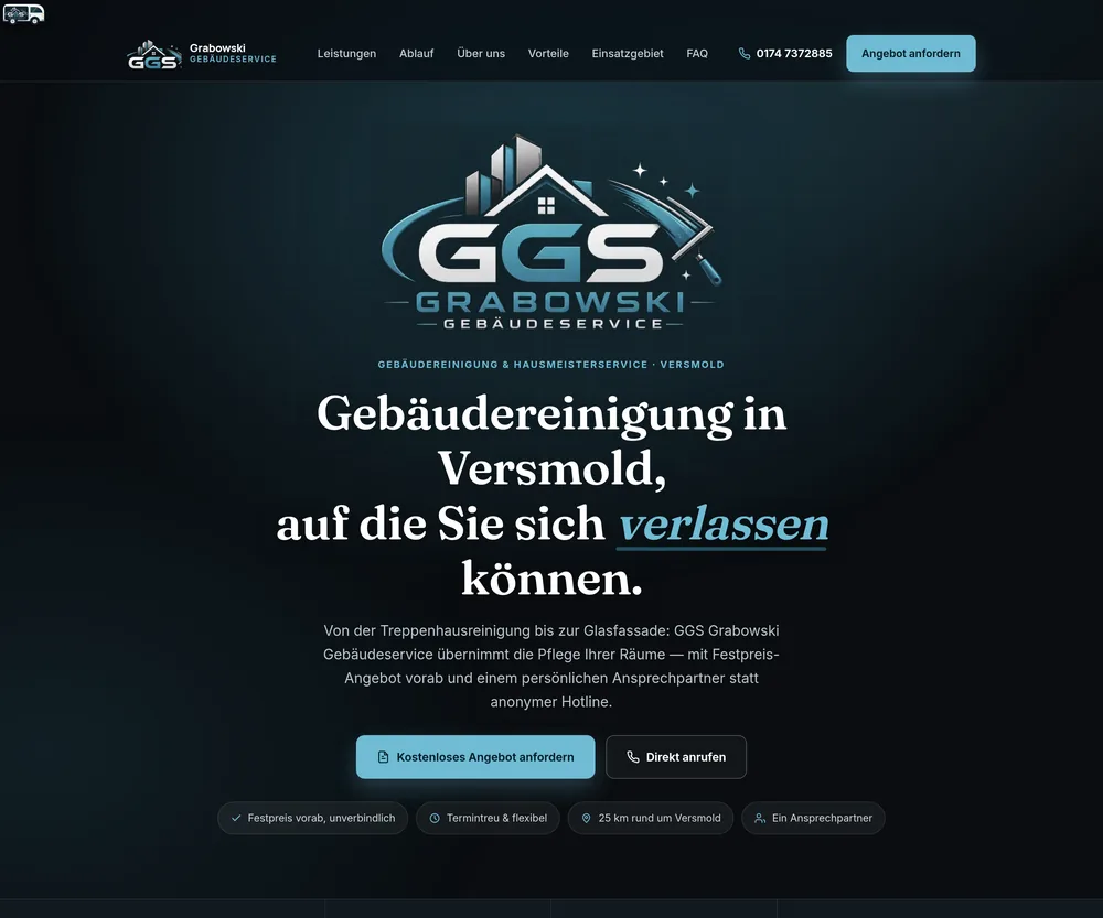 Startseite von GGS Grabowski Gebäudeservice mit Logo und der Überschrift „Gebäudereinigung in Versmold, auf die Sie sich verlassen können“