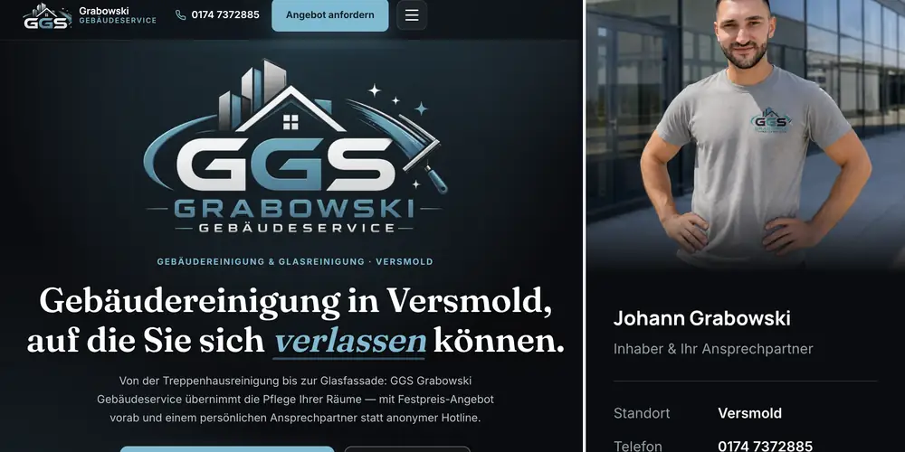 Website von GGS Grabowski Gebäudeservice: Startseite mit Logo und der Überschrift „Gebäudereinigung in Versmold“ sowie der Abschnitt „Über uns“ mit Inhaber Johann Grabowski