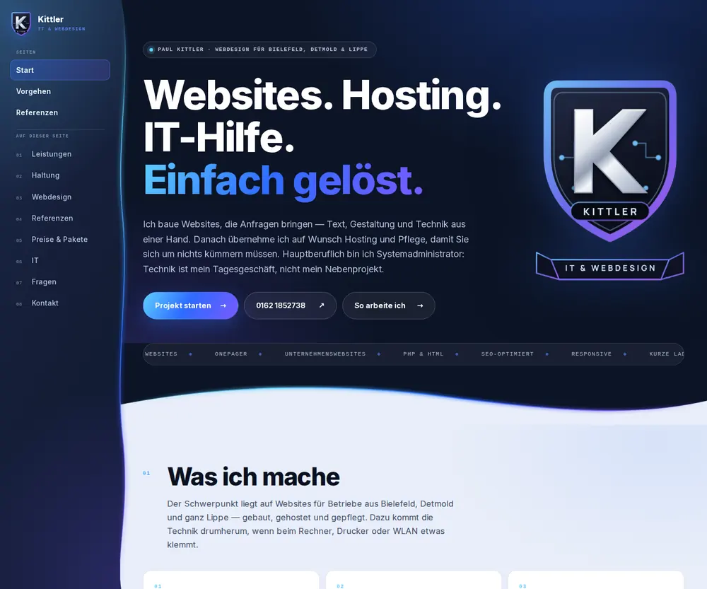 Startseite von Kittler IT & Webdesign mit Seitenleiste, Schild-Logo und der Überschrift „Websites. Hosting. IT-Hilfe. Einfach gelöst.“