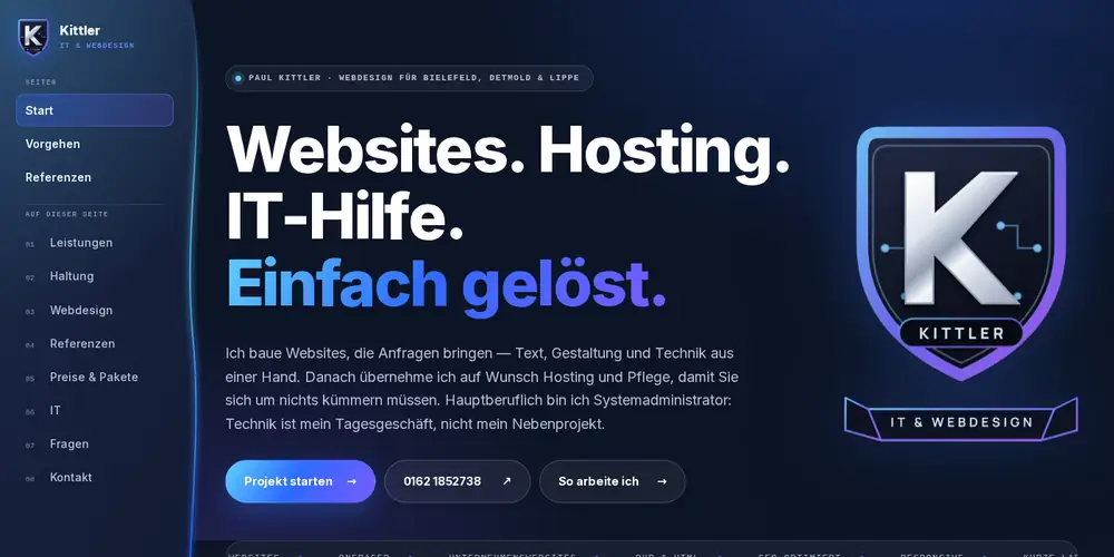 Startseite von Kittler IT & Webdesign mit Seitenleiste, Schild-Logo und der Überschrift „Websites. Hosting. IT-Hilfe. Einfach gelöst.“